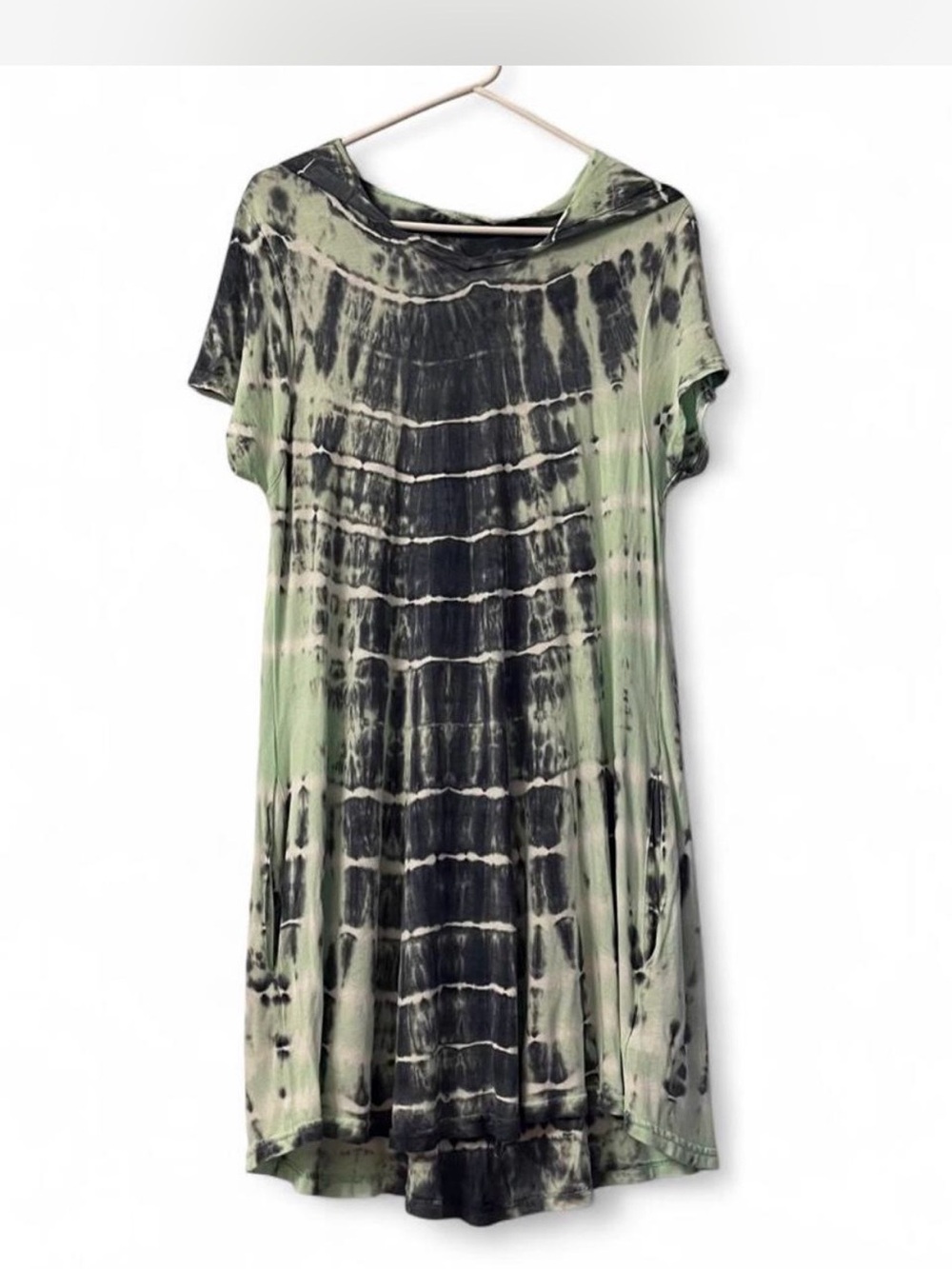 Boho Daze Clothing Green, Grey, and White Tie-Dye Swing Dress, Crocodile Design